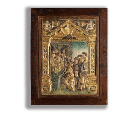 Retabel-Tafel mit Relief und GemäldeGesamthöhe: 71 cm. Breite: 63 cm.In den Pilastersockeln (verriebene) Signatur- bzw.  Dati