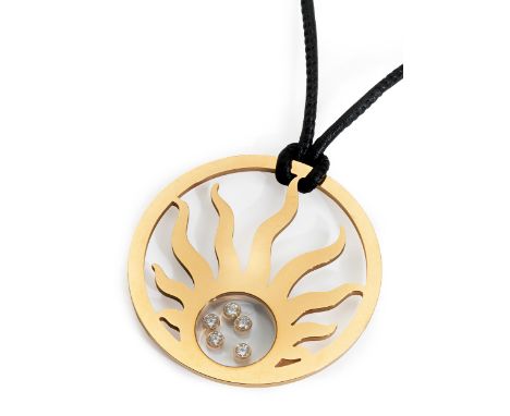 Goldanhänger „Happy Sun“ von ChopardDurchmesser: ca. 4,8 cm. Gewicht (nur Anhänger): ca. 29,8 g. RG 750. Lederbandlänge: ca. 