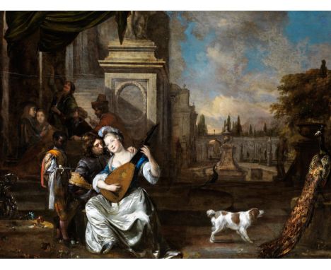Carel de Moor, 1656 Leiden – 1738 Warmond, zug.DIE LAUTENSPIELERINÖl auf Holz. Parkettiert.68 x 88 cm.In ebonisiertem Profilr