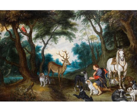 Jan Brueghel d. J., 1601 Antwerpen – 1678 ebendaVISION DES HEILIGEN HUBERTUSÖl auf Leinwand. Doubliert.&nbsp;66,5 x 93 cm.Lin
