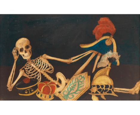 Italienischer Maler des 19. JahrhundertsSIEGREICHER TOD ÜBER DIE MÄCHTIGENÖl auf Holz.43 x 67 cm.Vor einem braun-dunkelgrünen