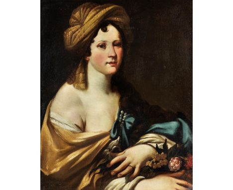 Elisabetta Sirani, 1638 Bologna – 1665 ebenda, zug.BILDNIS EINER JUNGEN FRAUÖl auf Leinwand.77 x 62 cm.In vergoldetem Prunkra