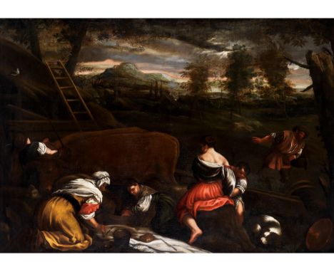 Gerolamo Bassano, 1566 Bassano – 1621 VenedigLANDSCHAFT MIT WÄSCHER*INNENÖl auf Leinwand. Doubliert.155 x 220 cm.In vergoldet