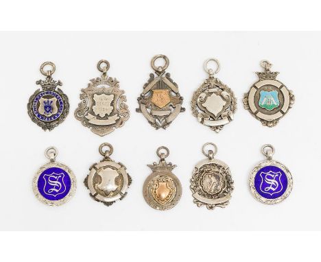 Cricket: A collection of ten assorted, silver hallmarked medal fobs, some enameled to comprise: 'Inter-Dept Cricket Runners U