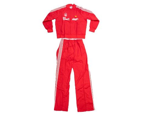 Nottingham Forest: An Adidas, Nottingham Forest tracksuit top and bottoms. Size 186. 1980s. Given to Jimmy Gordon, but never 