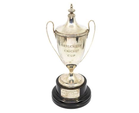 Cricket: A hallmarked silver trophy, 'The Brylcreem Cricket Cup', inscribed on the base 'awarded to Derek Shackleton, Hampshi