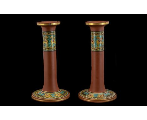 Early 20th Century Unmarked Pair of Terracotta Candlesticks with Egyptian Painted Enamel Images of Turquoise Ground to Each C