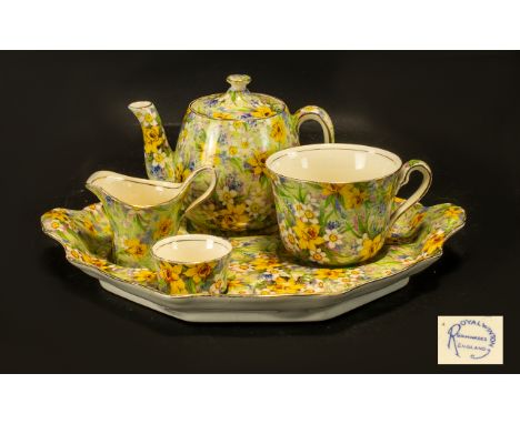 Royal Winton 'Richmond' Part Teaset reg no 18048 (Australia) pretty chintz pattern yellow flowers on a green ground. Comprisi