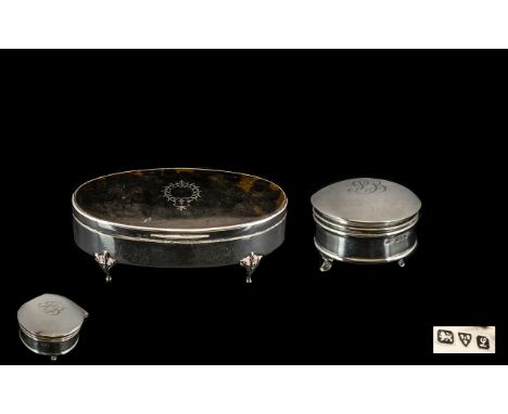Edwardian Period - Attractive Oval Shaped Lidded Silver and Tortoiseshell Ladies Footed Trinket Box. Hallmark London 1907, Ma