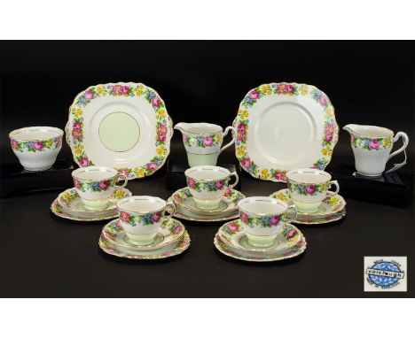 Colclough Bone China Part Tea Set.  Attractive floral border set, comprising:  five tea cups, five saucers, six side plates, 