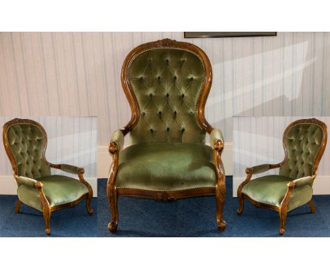 Early 20th Century Bedroom Chair upholstered in Green Velvet, with a button back; of typical form with a mahogany frame, scro
