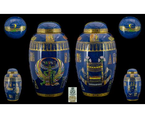 Carlton Ware - W &amp; R - Superb Pair of Lidded Hand Painted Temple Jars / Vases, Egyptian Design ' Tutankhamun ' Pattern No