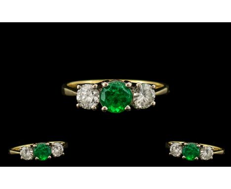 18ct Gold 3 Stone Superb and Attractive Diamond and Emerald Dress Ring, The Natural Coloured Emerald Excellent Colour, The Tw