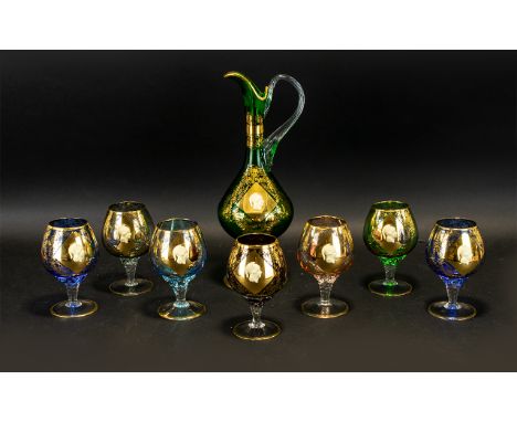 Murano Glass - Venetian 1960's Attractive Set of Seven Cameo Harlequin Drinking Glasses with Matching Decanter. All Glasses o
