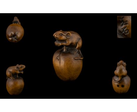 Japanese - Fine Quality and Signed Carved Boxwood Netsuke, Meiji Period 1864 - 1912. Depicts Small Mouse with Long Tail Sitti