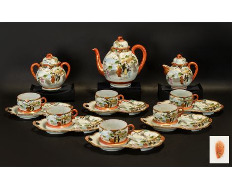 Decorative Oriental Tea Set comprising a set of six cups, saucers and plates combined; a teapot; lidded sugar bowl and a lidd