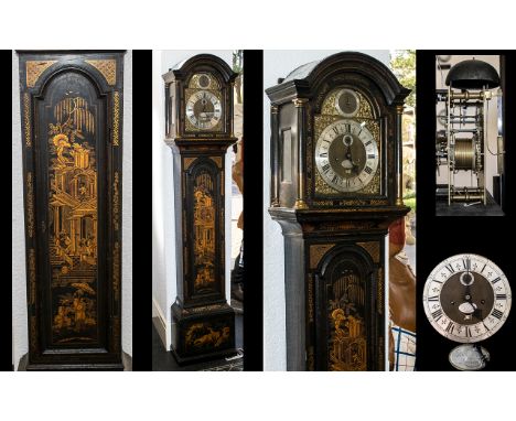 George II Black Lacquered Chinoiserie Decorated 8 Day Long case Clock. c.1740. By Richard Finch of London Marked to Dial, 8 D