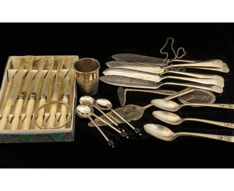 A Small Collection of Silver and Silver Plated items including 6 Ronella Sheffield hand-ground S/S butter knives boxed. Silve