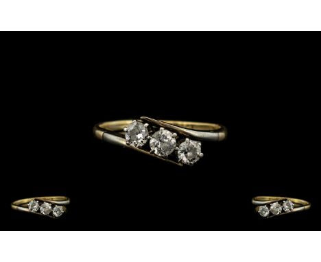 18ct Gold and Platinum 3 Stone Diamond Set Ring. Marked 18ct and Platinum. The 3 Diamonds of Excellent Colour, Very Sharp - L