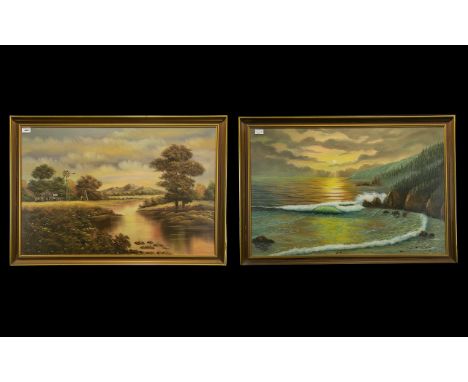 Two Framed Oil And Chalk Pastel On Paper Landscapes Mid century framed artworks, one depicting a seascape in oils, highlighte