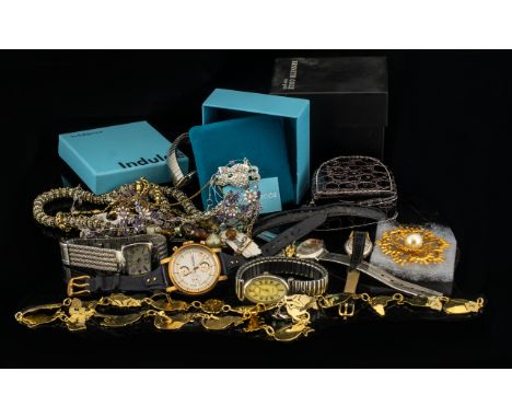 Collection of Watches &amp; Costume Jewellery to include boxed Indulgence diamonte cat brooch; boxed gentleman's wristwatch b