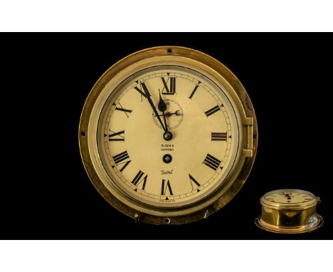 Sestrel Key-wind Ships Brass Clock with Secondary Dial, Made For Olsen. S. Grimbsby, English Made. Clock Size 8 Inches - 20 c