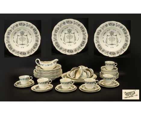 Royal Cauldon Grindley Passover Dinner Ware black litho design. 94) pieces in total. To include 2 oval platters, 1 bread and 