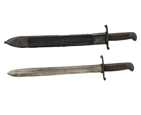 Spanish - Early 20th Century Superb Military Use Short Sword / Bayonet with a Black Leather Stitched and Metal Mounted Scabba