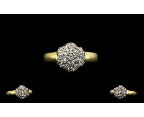 18ct Gold Diamond Set Cluster Ring - Flowerhead Design of Solid Construction. Full Hallmark for 18ct. The Diamonds of Good Sp