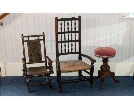 Victorian Mahogany Piano Stool with tripod legs and swivel seat upholstered in red velvet.  Along with early 20th century Oak