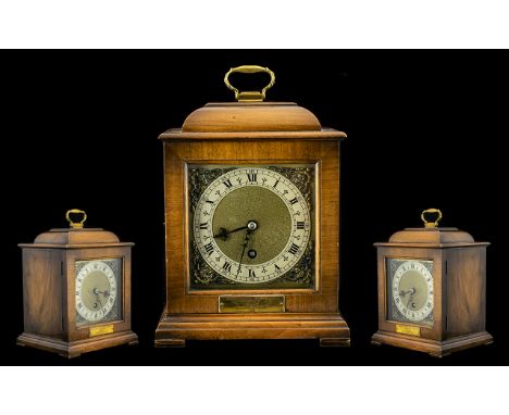 Walnut Case Mantel Clock. c.1940's. With Press Button to Release Front Door, 8 Day Movement, Silvered Chapter Ring, Brass Han