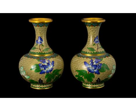 A Pair of Cloisonne Vases with blue and green flower and bird decoration, height 6". Along with an Oriental lacquered boxed g