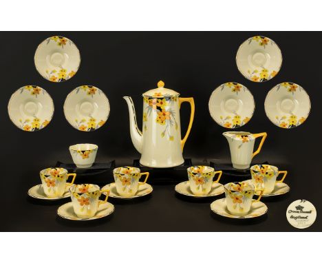 Crown Ducal - Superb Hand Painted ( 15 ) Piece Coffee Service. c.1920's. Comprises Coffee Pot, Milk Jug and Sugar Bowl, 6 Cof
