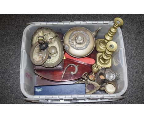 Box of Assorted Metal Ware to include brass candlesticks, metal teapot, boxed set of assorted flatware, boxed set of teaspoon