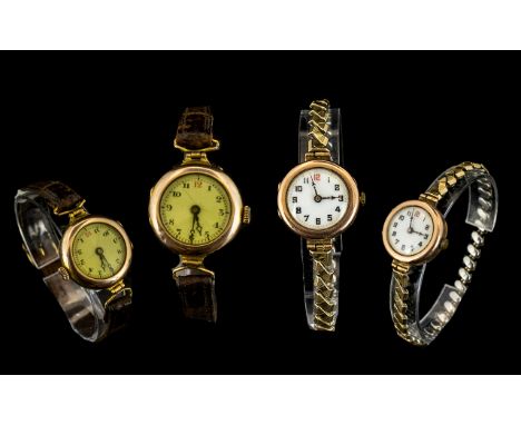 Ladies - 9ct Gold Cased Mechanical Wrist Watches From The 1920's ( 2 ) Watches. Working at time of Cataloging, One with Leath