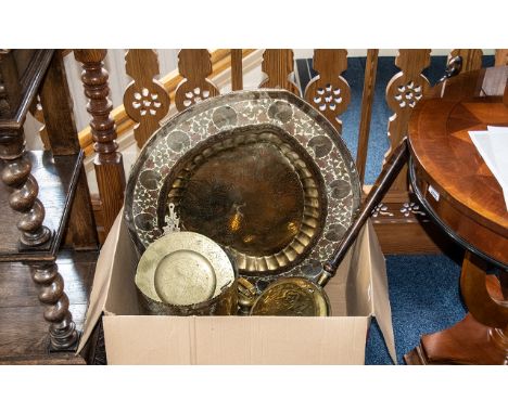 Collection of Brassware to include large Indian charger depicting peacocks, bell weights, copper and brass planter and variou