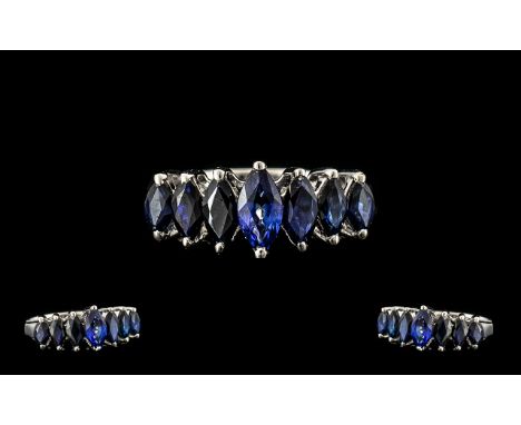 Contemporary Design 18ct White Gold Attractive Marquise Shaped Sapphire Set Dress Ring, The Blue Sapphires (7) seven of excel