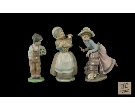 Nao by Lladro Figures ( 3 ) Three In Total. Comprises 1/ Young Girl Dressed In Long Dress and Wearing a Bonnet Looking Over a