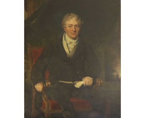 After Sir Thomas Lawrence (1769-1830) Portrait of Sir Robert Peel seated in a chair, holding a manuscript Oil on board or pos