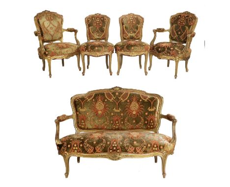 A Victorian Gilt and Gesso Five-Piece Salon Suite, late 19th century, recovered in modern crewelwork-style fabric, comprising