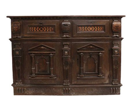 A 17th Century-Style Oak and Marquetry-Decorated Sideboard, the dentil cornice above moulded fall front drawers between scrol