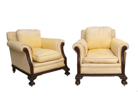 A Three Piece Suite Comprising a Pair of Early 20th Century Carved Mahogany Armchairs and a Three Seater Sofa, recovered in f