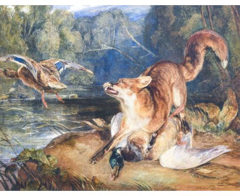 John Frederick Lewis RA (1805-1876) "Mallard Surprised by a Fox" Signed and dated 1829, watercolour, 48cm by 62cm Provenance: