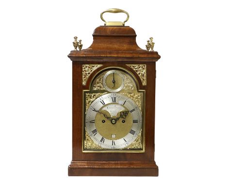 A Mahogany Striking Table Clock, signed Saml Norton, London, circa 1770, inverted bell top case with carrying handle, urn fin