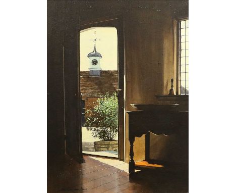 Michael John Hunt (b.1941)Interior scene with view through open doorwaySigned, oil on panel, 39cm by 29cmThe picture is paint