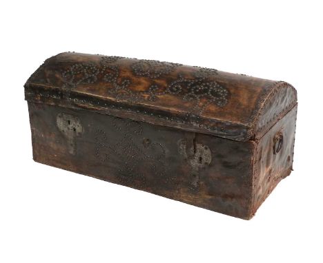 A George III Brass-Studded and Leather-Covered Travelling Trunk, the hinged lid with pine-lined interior, with metal clasps a