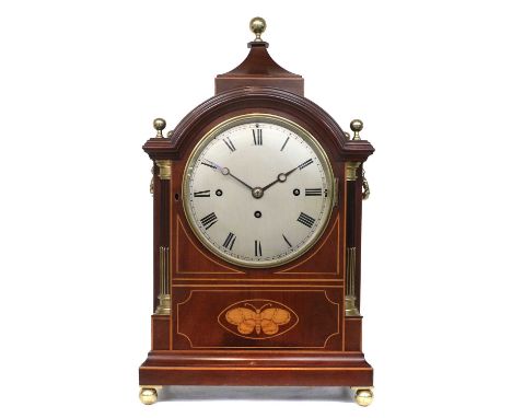 A Mahogany Chiming Table Clock, circa 1900, arched pediment with brass ball finials, stop brass fluted front pilasters, inlai