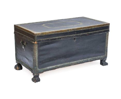 A George III Brass-Studded Leather and Cedar-Lined Trunk, early 19th century, the hinged lid with iron swan neck carrying han