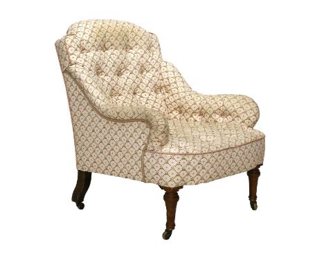 A Victorian Upholstered Armchair, stamped Holland &amp; Sons, Mount Street, London, late 19th century, recovered in floral cr