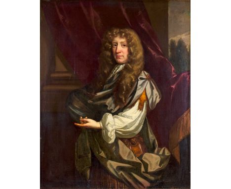 Follower of Sir Godfrey Kneller (1646-1743)A portrait of a gentleman, three-quarter length standing, before a draped curtain 